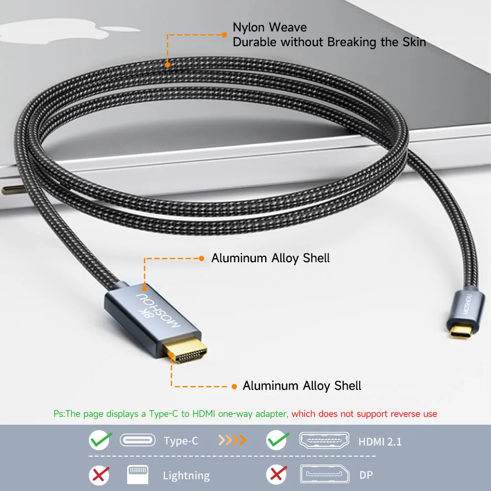 MOSHOU USB C to HDMI 2.1 Cable 8K@60Hz 4K@144Hz Type C to HDMI 8K Braided Cord HDCP2.3 HDR DSC for MacBook Pro Samsung HP Dell