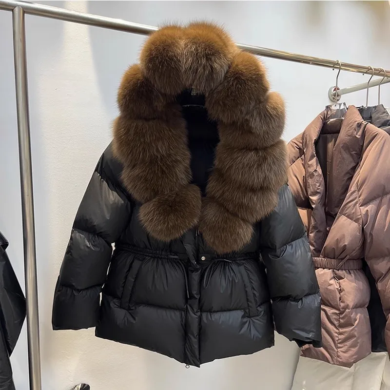 سترة فرنسية أنيقة فاخرة بياقة من فرو الثعلب الطبيعي مع قلنسوة للنساء برباط علوي بقصة ضيقة وسميكة ودافئة للشتاء معاطف قصيرة للأسفل