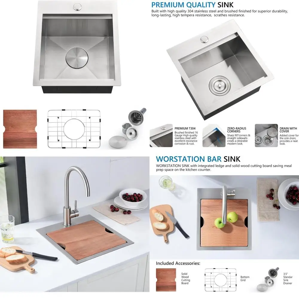 

Stainless Steel 15 x 17 Inch Topmount Single Bowl Kitchen Bar Sink for Workstation Use - Small Drop-in Sinks