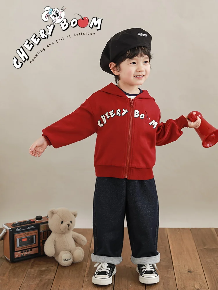 Boys' Cherry Embroidered Printing Casual Sweatshirt Spring New Children's Zipper Coat