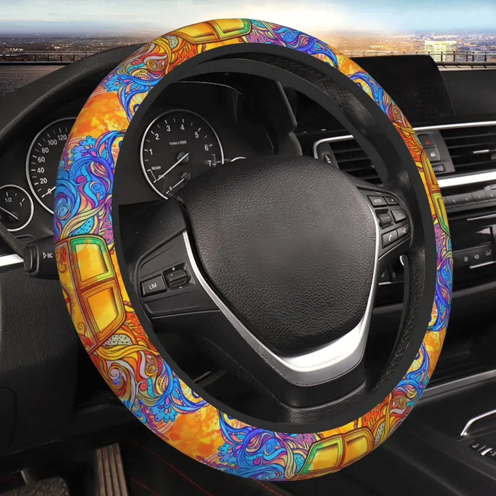 Hippie Vintage Car a Mini Van with Peace Sign Car Steering Wheel Cover Universal 14.5-15 Interior Decor Protection Accessories