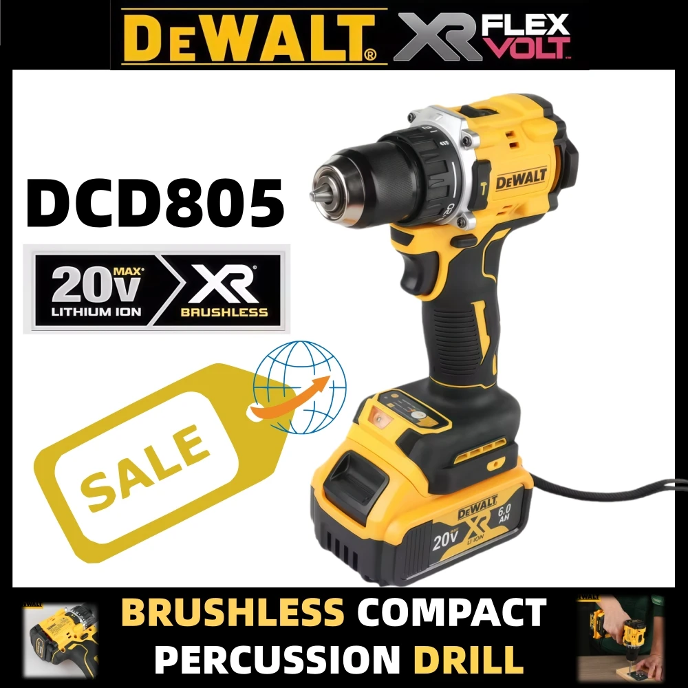 Outil électrique rechargeable d'origine Dewalt 20 V, perceuse à main compacte sans brosse perceuse à percussion couple élevé, batterie Dewalt dcd805 6AH