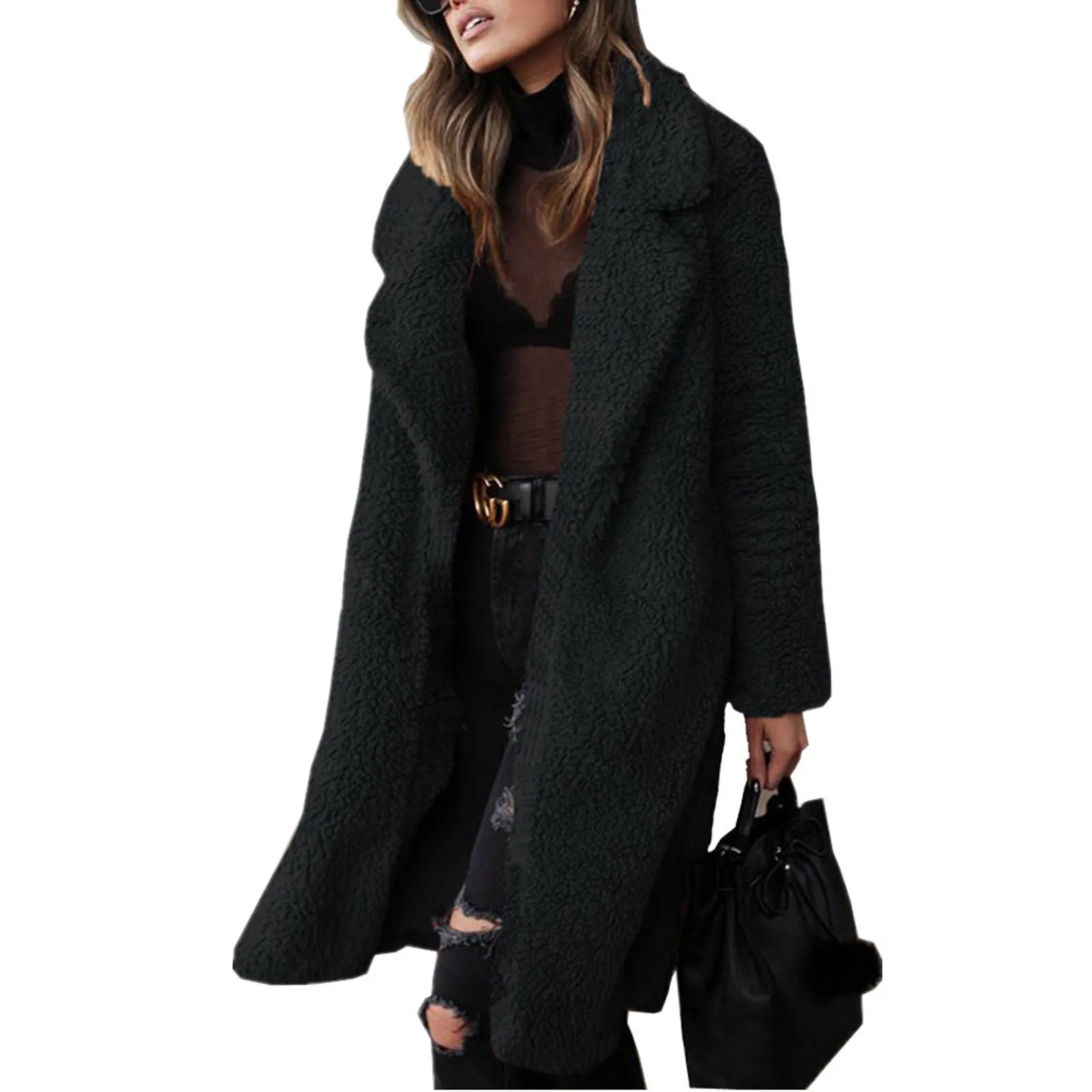 Flannel Plaid Trench Coats for Women Casual Fuzzy Blend Solid Color Long Shirt Cardigan Jacket Down Wool Coat 2023 Fashion