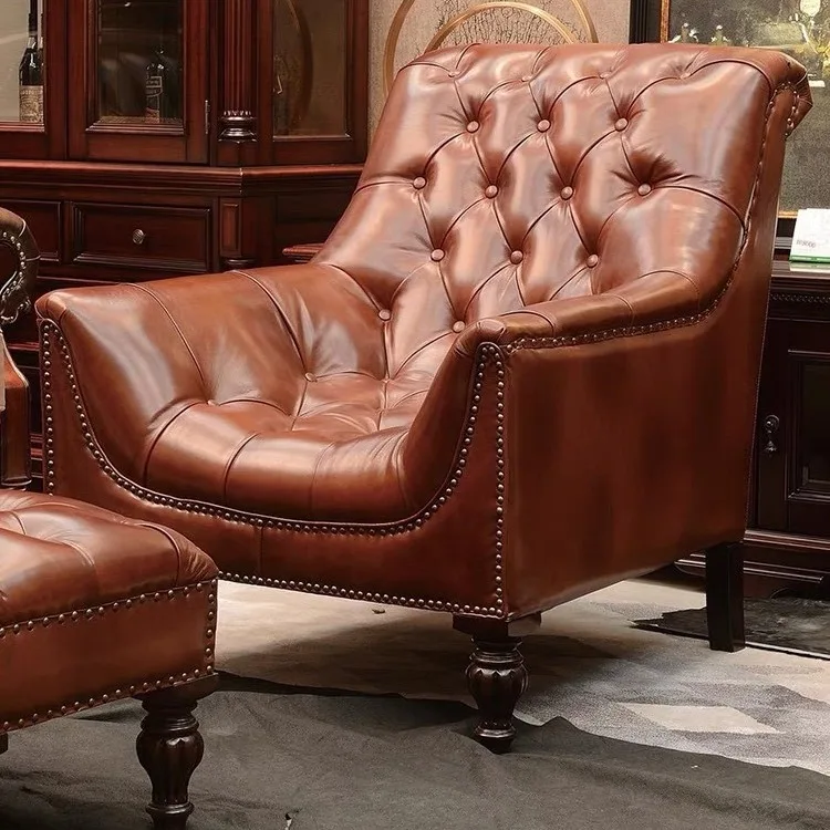 

American country solid wood leather retro sofa living room leather art buckle tiger chair bedroom casual single sofa