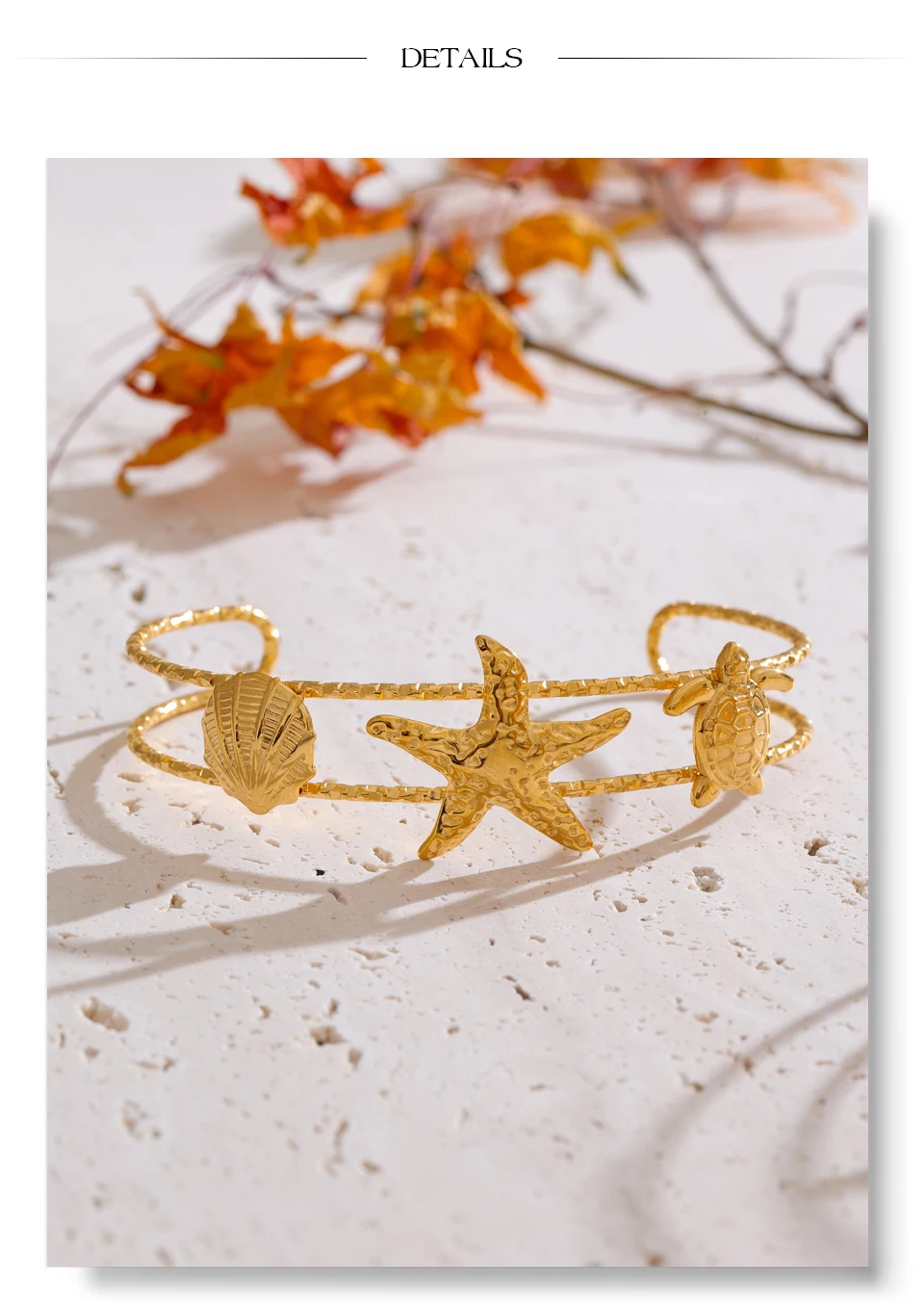 Yhpup Ocean Series Golden PVD Starfish Shell Sun Cuff Bracelet Open Wrist Jewelry Stainless Steel Bangle for Summer Holiday