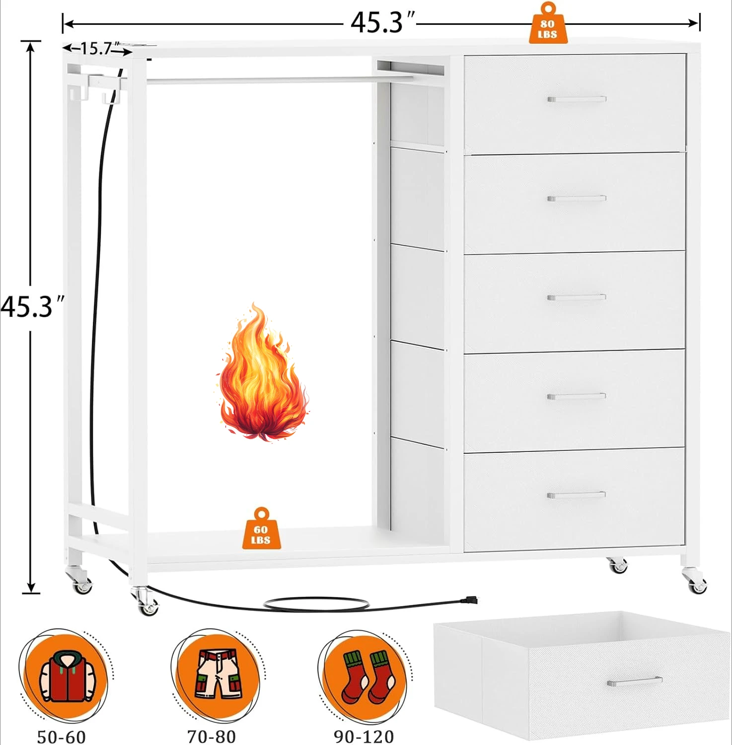 خزانة مع رف معلق، خزانة ذات 5 أدراج قماشية مع رف ملابس، خزانة تخزين خشبية علوية ذات أدراج مع محطة شحن #1