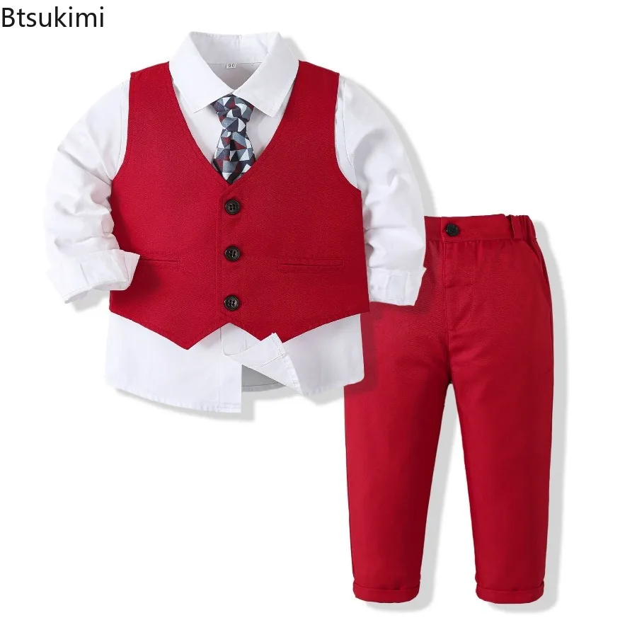 Boys Suits Gentleman Tuxedo Bow Tie Shirt Suit Vest Pants 4 Pcs Chic Toddler Baby Clothes Gentleman Outfit for Baptism Birthday