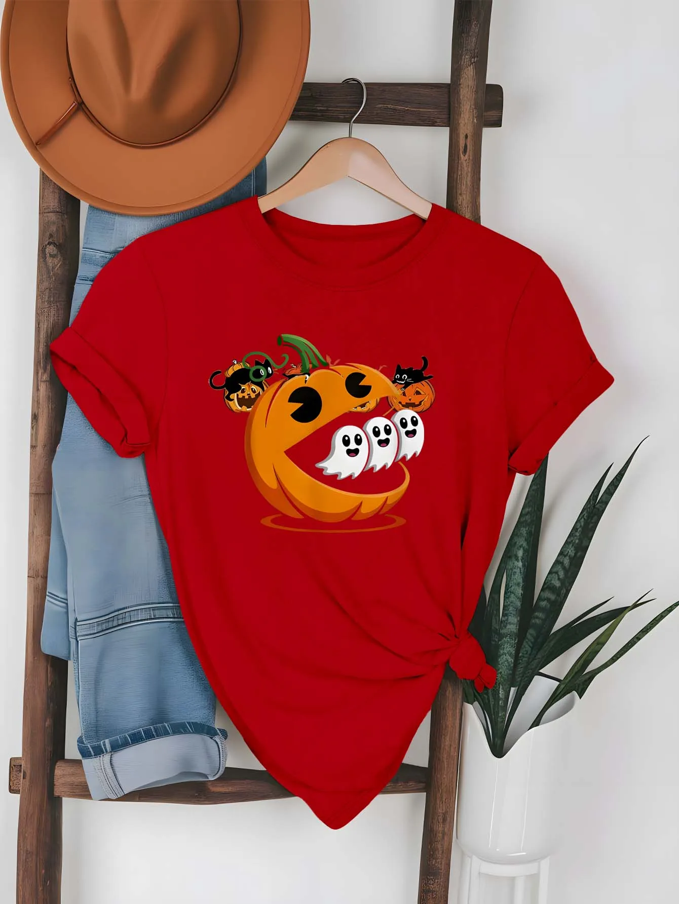 

Plus Size Fashionable Garment Featuring Whimsical Pumpkin - Ghost Design To Elevate Your Halloween Wardrobe