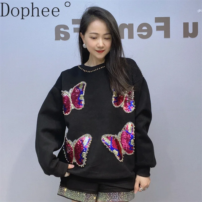 

2024 New Autumn Winter Embroidery Sequins Butterfly Female Sweatshirt Streetwear Loose O-neck Pullover Top Women Casual Hoodies