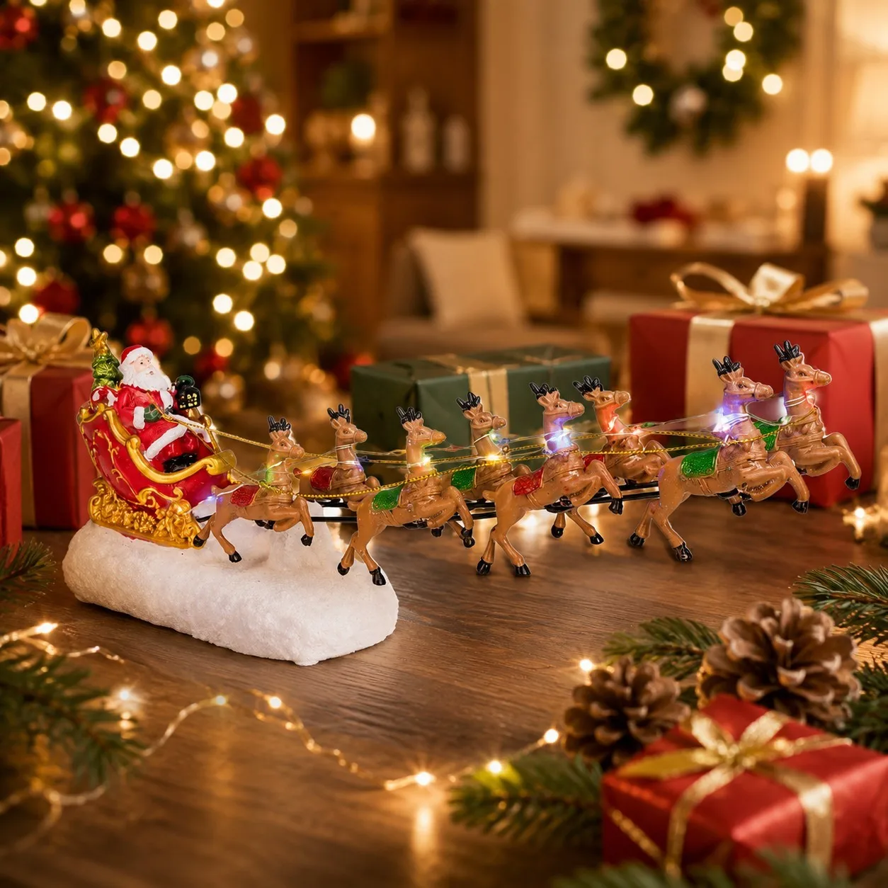 Weihnachtsmann-Schlitten und Rentier, LED-Licht, Weihnachtsdorf-Dekoration, Zubehör, beleuchtete Figuren für Ferienhaus, Innenornamente – Detail 3