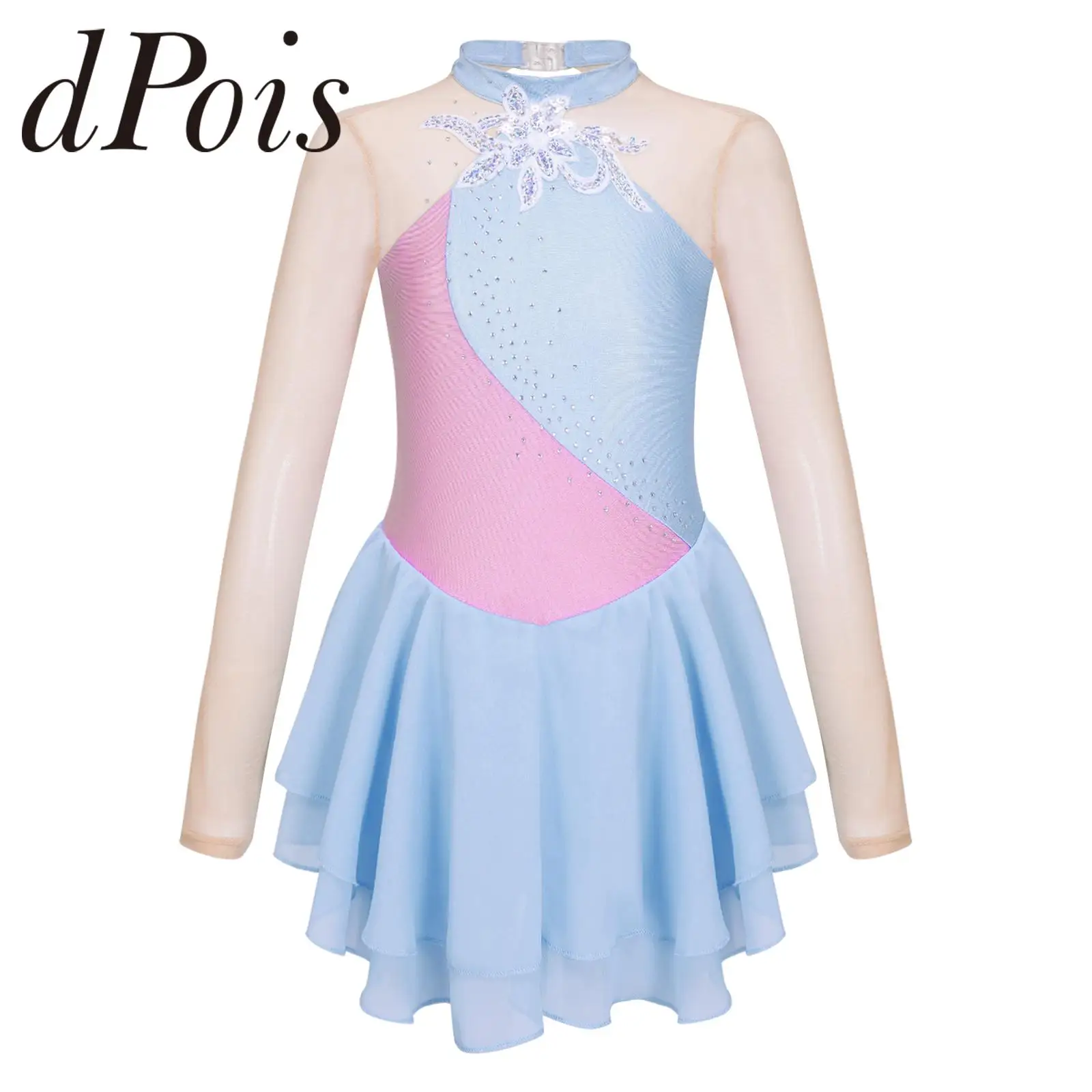 

Kids Girls Long Sleeve Sheer Mesh Tutu Ballet Gymnastics Dance Leotard Dress Childs Shiny Rhinestone Ice Figure Skating Dress