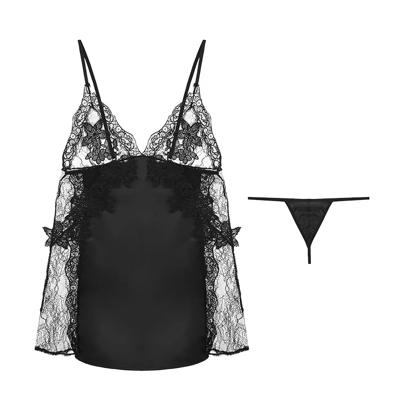 

Шелковая женская ночная рубашка, Сексуальная кружевная Пижама, атласное спальное платье, комплект с V-образным вырезом на бретелях, ажурный пижамный комплект