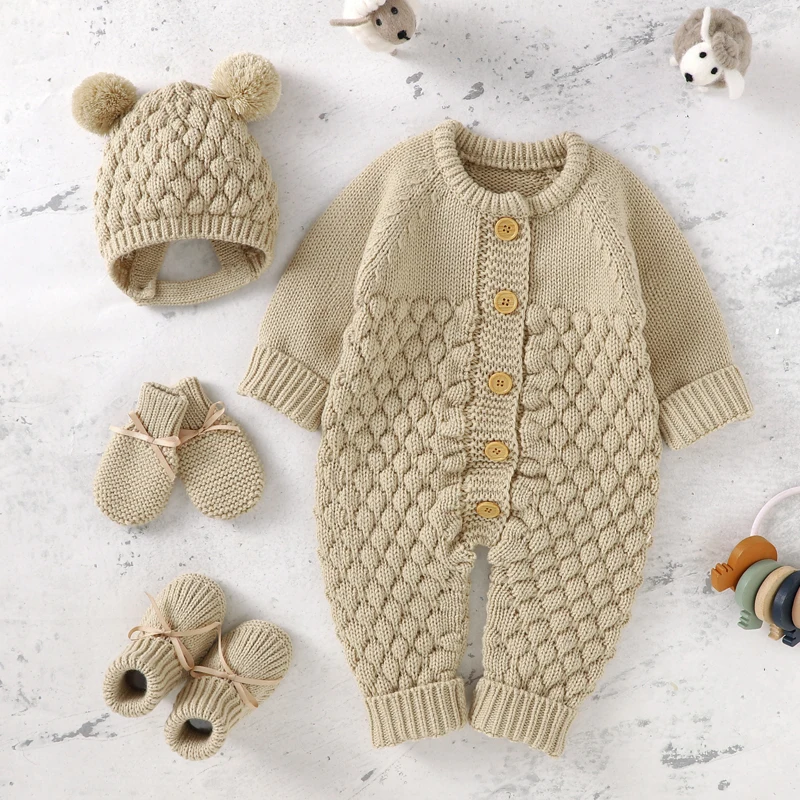 Newborn Baby Romper Shoes Gloves Set Knit Girl Boy Jumpsuit Boot Mitten Solid Toddler Infant Long Sleeve Clothing 4PC Fall 0-18M