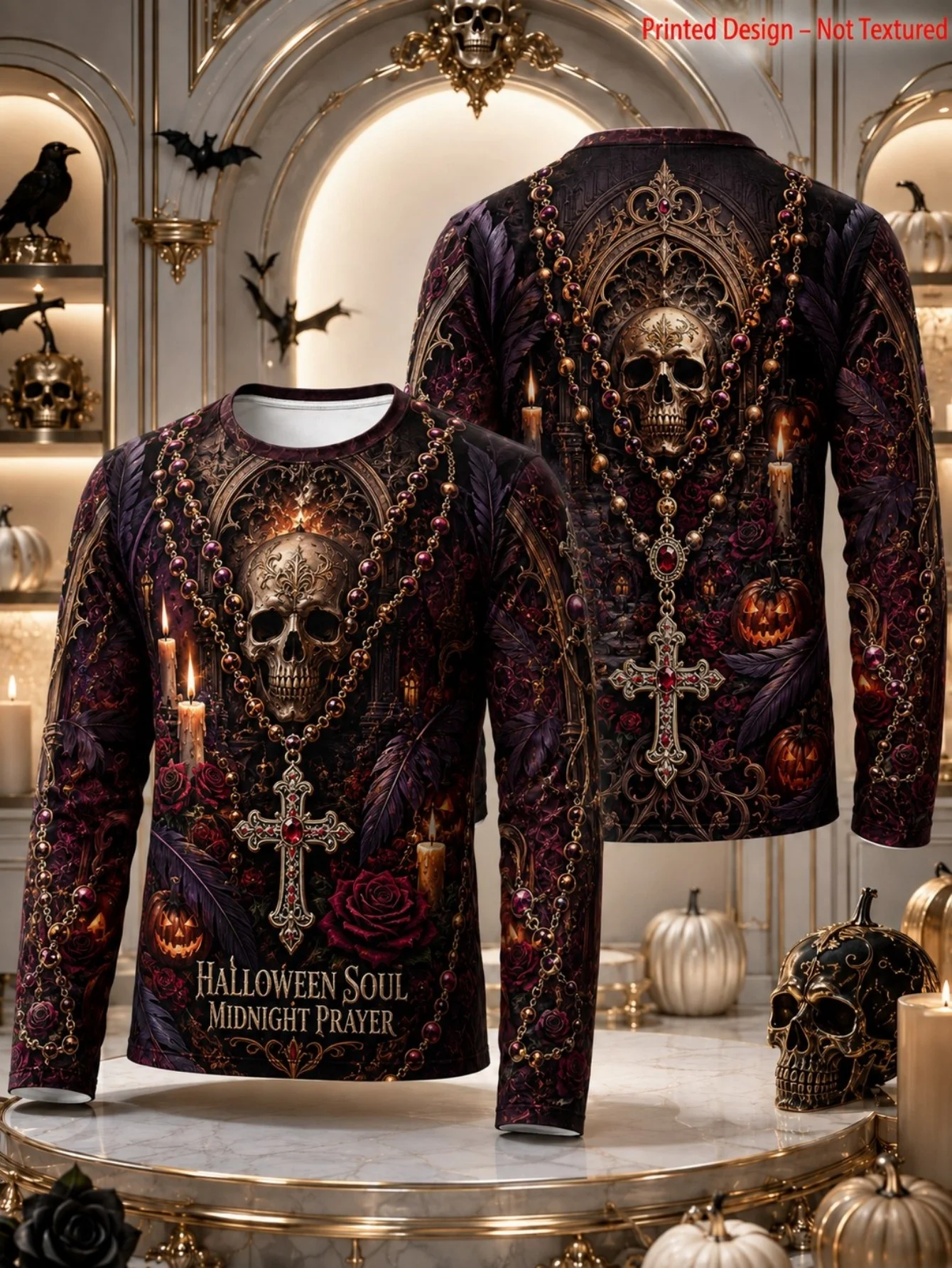 2026 New Hot Selling Autumn/Winter Men's Halloween Theme Round Neck Long Sleeve, Skull Pattern Men's Holiday Party Top