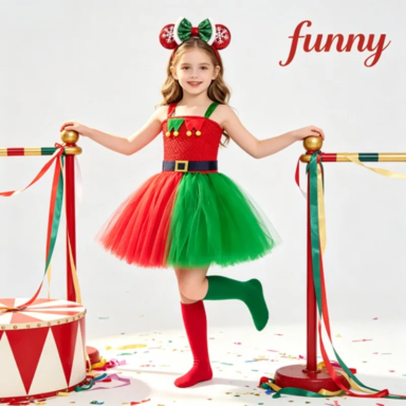 Cute Elf-style Tulle Tutu Dress Set, Red & Green Performance Outfit for Kids, Stage Clothes for Christmas and Halloween Parties