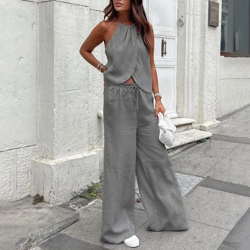 Autumn Summer New Two-Piece Wide Leg Pants Set Tie Up Hanging Neck vest Sleeveless Top Women\'s Wide Leg Pants Set