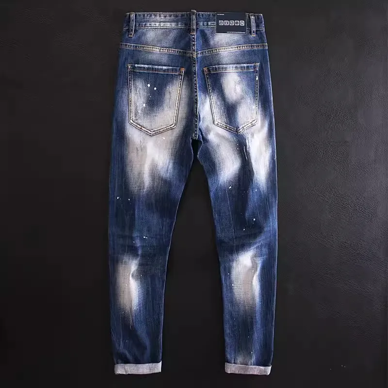 High Street Fashion Split Heren Gewassen Blauwe Jeans Retro Elastische Slim Fit Jeans Heren Retro Designer Jeans Potlood Broek Hombre