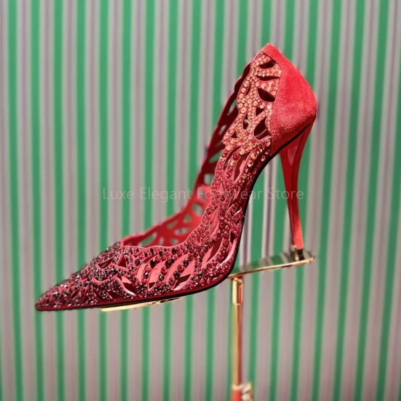 

Red Rhinestone Hollow Carved Flowers High Heels Women Crystal Slip On Pointed Stiletto Sandals Luxury Evening Party Dress Shoes