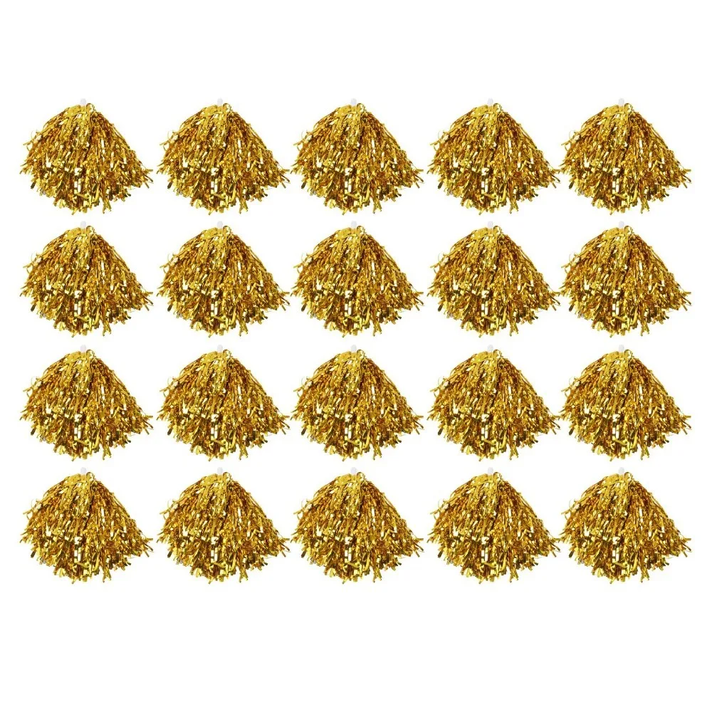 20PCS Metallic Foil Cheerleading Pom Poms PET Pure Cheering Hand Flowers Fluffy Shiny Handle Cheer Squad Flowers