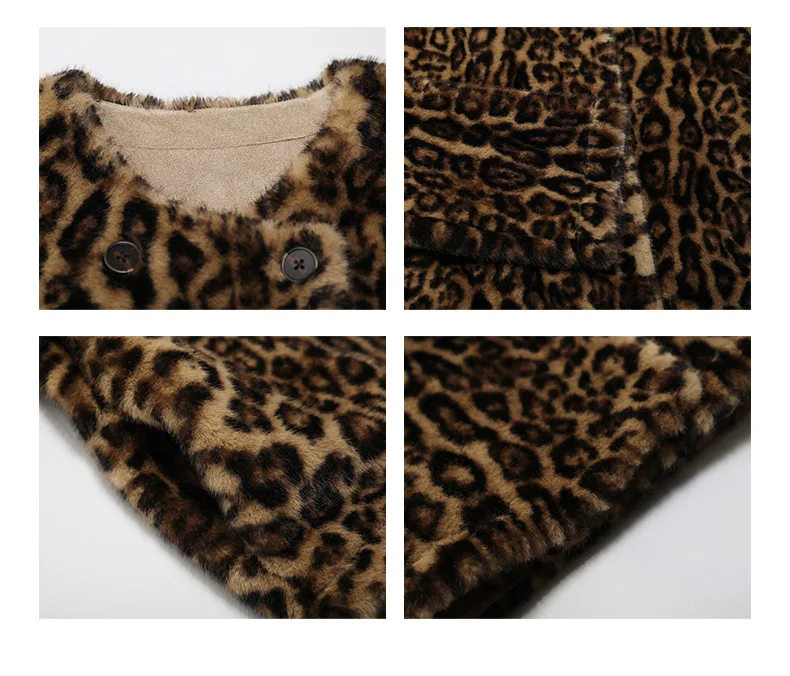 Fuzzy Leopard Print Jacket Women Friendly Warm Round Neck Winter Women\'s Fur Coat