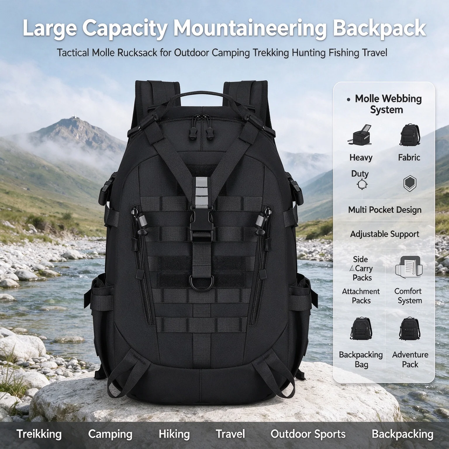 Tactical Backpack Men Women Waterproof MOLLE System Outdoor Heavy Duty Rucksack Multi Pocket Camping Trekking Travel Daypack