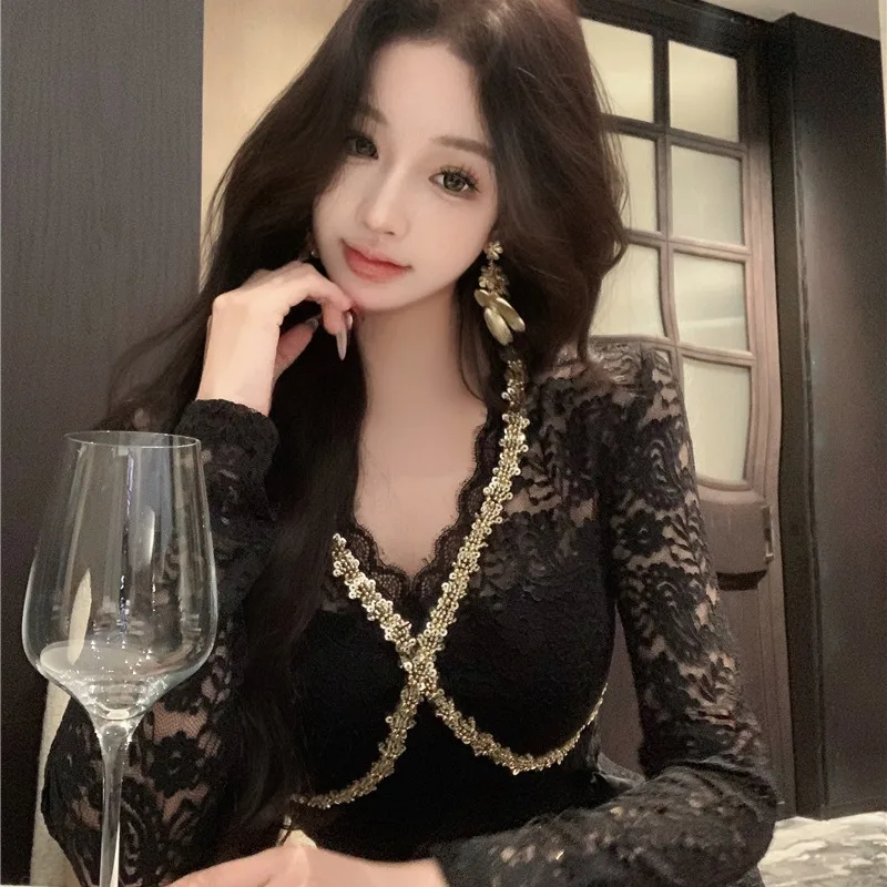 French sle Socialite V-neck Heavy Industry Sequin Long sleeve Lace Fishtail Waist Hugging Sheath Jumpsuit Short dress Long ...