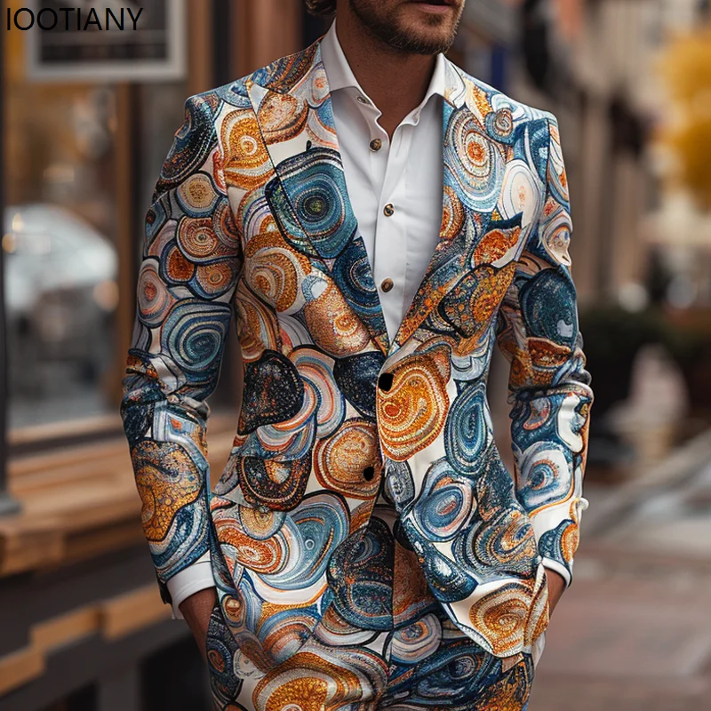 Men Water Pattern Jacquard Suits Fashionable Personalized Printed Suits Emcee Dress Banquet Business Casual Suit Jacket Pant New