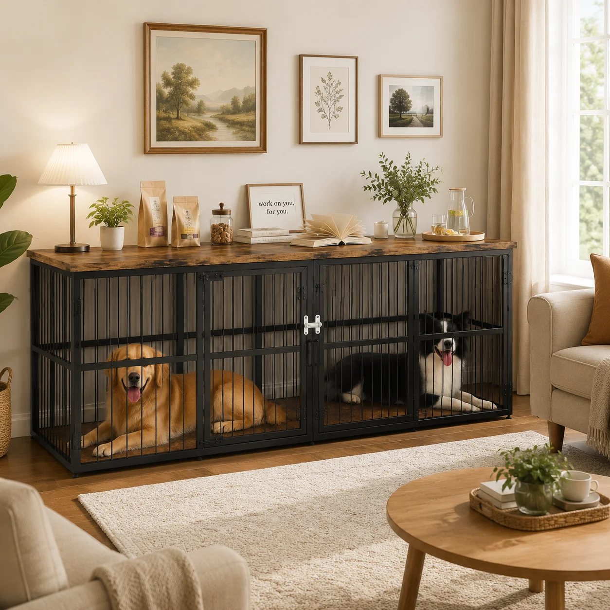 87 Inch Extra Large Double Dog Crate Furniture with Divider 3 Doors Heavy Duty Wooden Indoor Dog Kennel Cabinet TV Stand for 2 Dogs Lockable Pet House with Storage Table view 8