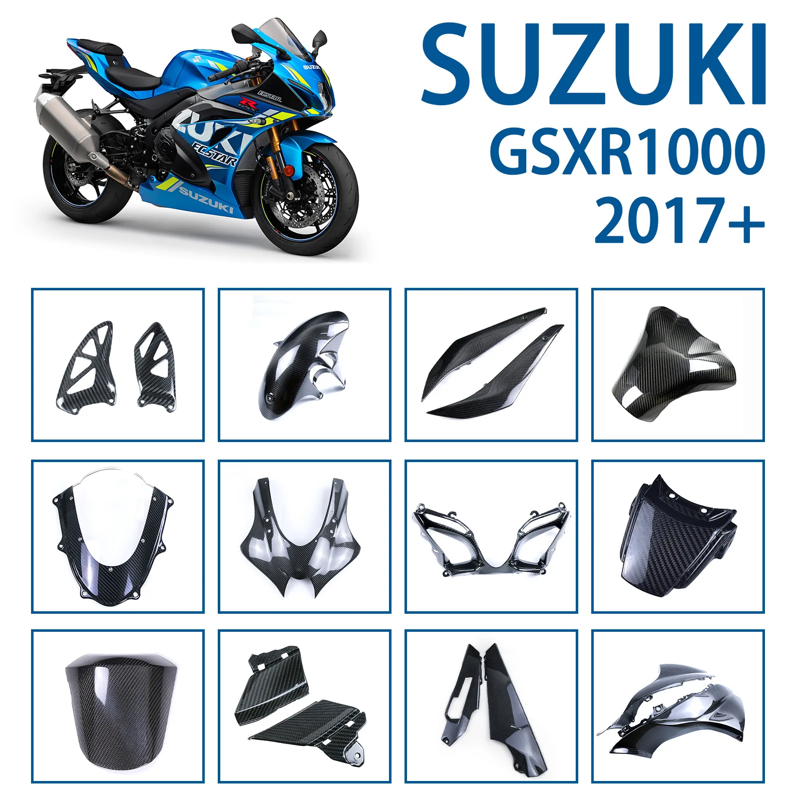 Для Suzuki GSX-R1000R модифицированный полный набор аксессуаров из углеродного волокна, включая крышку топливного бака, передние и задние крылья Для Suzuki GSX-R1000R модифицированный полный набор аксессуаров из углеродного волокна, включая крышку топливного бака, передние и задние крылья