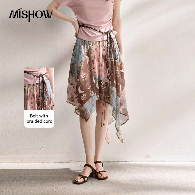 

MISHOW Retro Printed Skirt For Women 2026 Summer New Irregular Hemline Bohemian A-Line Skirt With Woven Rope Belt MXF24B2517