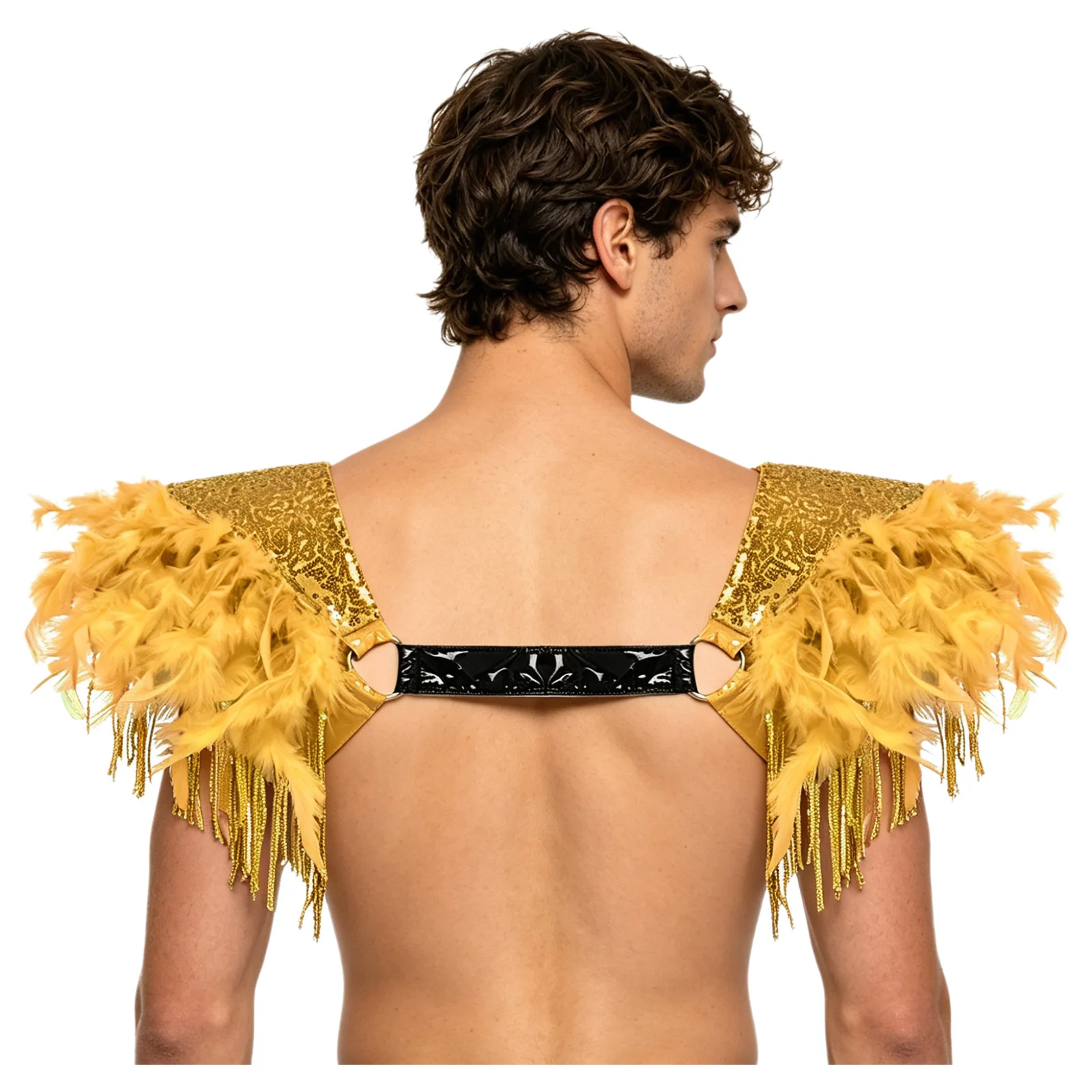 Men Women Medieval Gothic Armor Sequined Epaulet Shrug with Tassel Fringe and Feather Harness Costume for Masquerade Performance - view 3