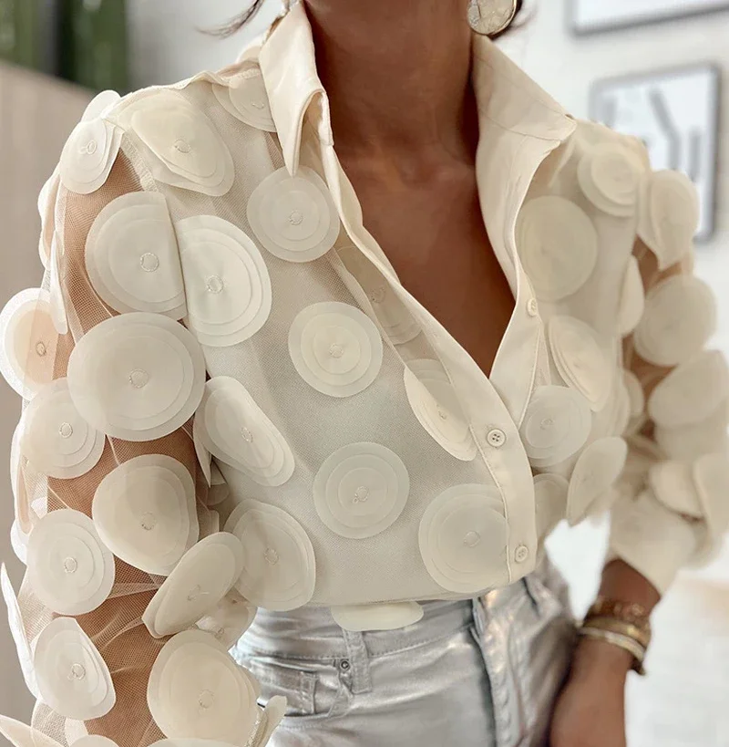 

Long Sleeve Blouses for Women Streetwear 2024 Spring New Elegant Loose Fit Floral Pattern Sheer Mesh Patch Y2k Top for Female