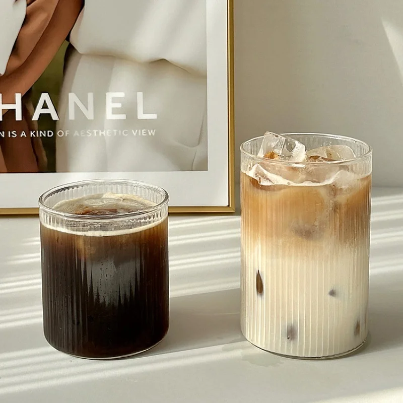 Household Vertical Pattern Milk Cup, Iced Coffee Beverage Cup, Transparent Glass, Large Capacity, Single-layer Cup, New