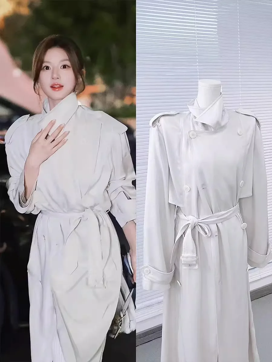 

Длинное женское пальто Ele White с воротником-стойкой, выше колена, весна-осень, новое, в корейском стиле, стройнящее, из полиэфирного волокна, длинное, SVE