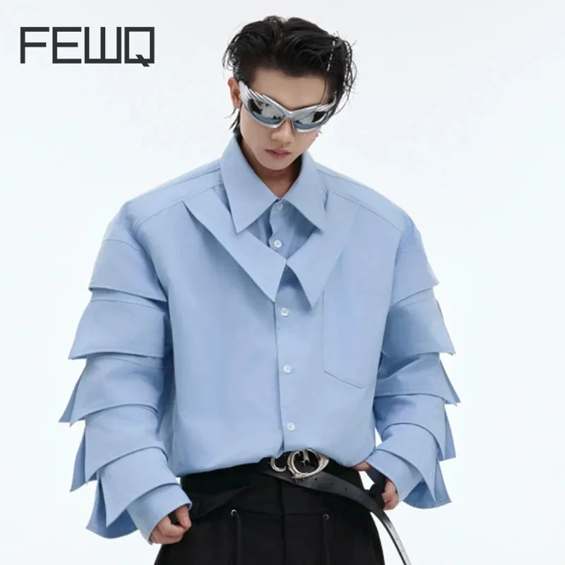 FEWQ Niche Shoulder Pad Fake Twopiece Shirt Pleated Design Silhouette Solid Color Turn-down Collar Male Tops Streetwear 24E2112