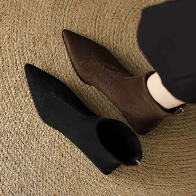 Plus-Size Women's Boots 2026 Winter Fashion Pointed-Toe Design Short Boots with Zippers on The Back, Slim Low-Heeled Nude Boots view 5