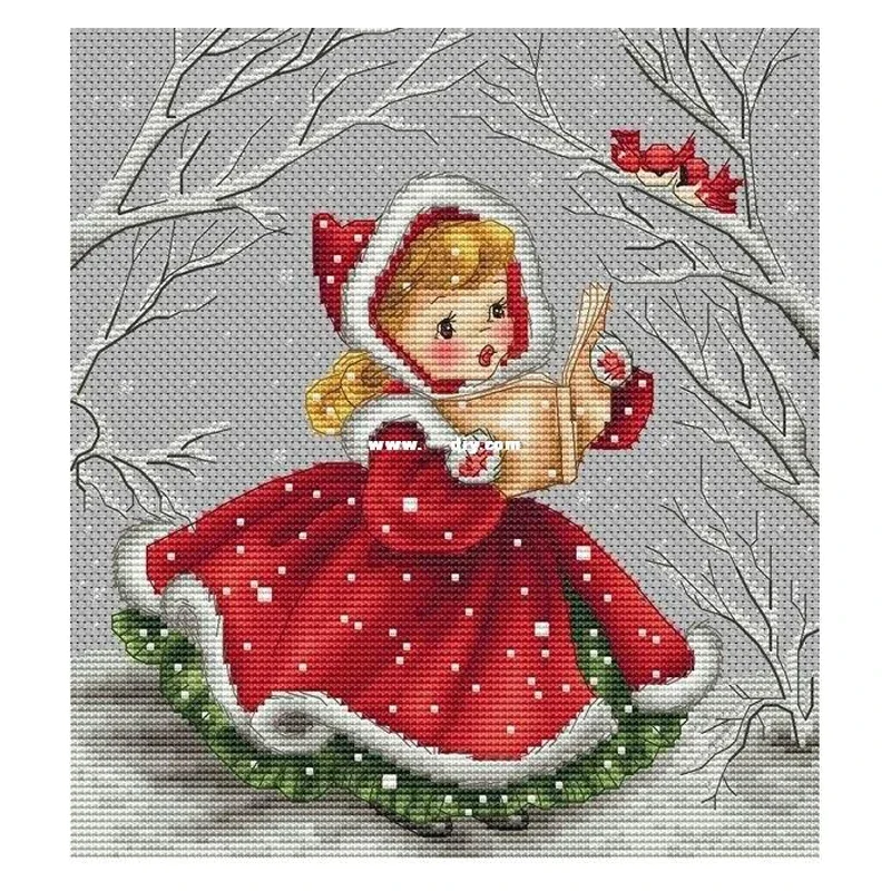 Amishop Counted Cross Stitch Kit Chanson De Noel Christmas Song Little Red Riding Hood Reading And Birds In Snow Winter Day