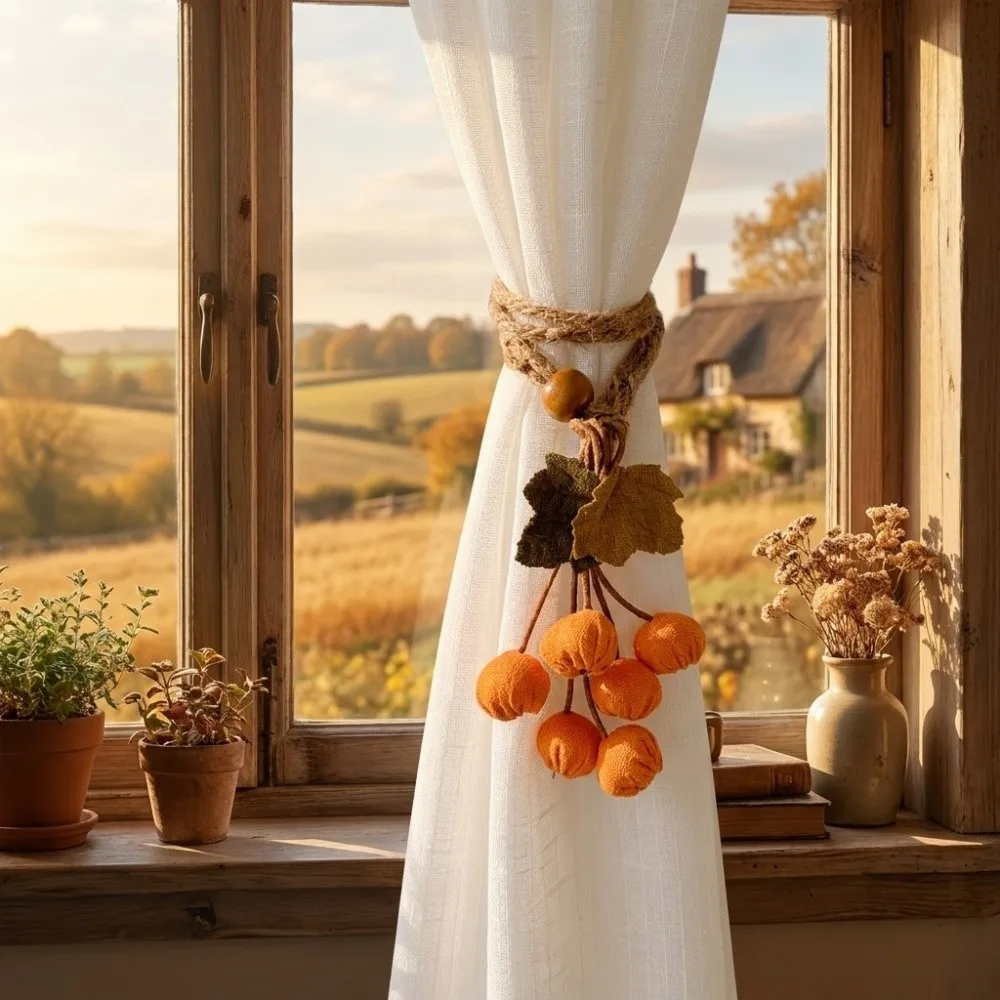 Artificial Maple Leaf Curtain Tiebacks Hawthorn Berry Strands Pastoral Style Curtain Straps Polyester Decorative Curtain Binding