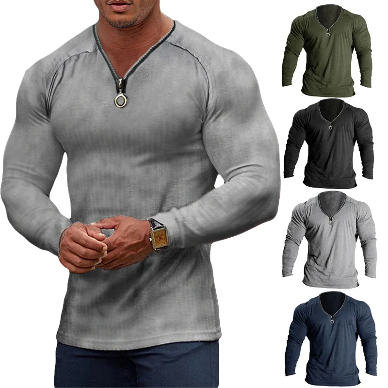 

2024 European Style Mens Long Sleeve T-shirt Zipper Tops Men Casual Skinny Pullovers Sexy V-neck Tees clothing