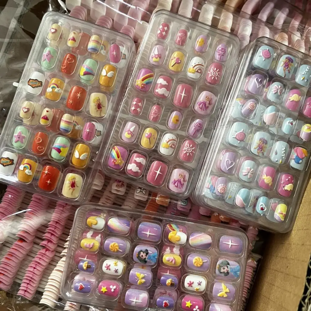 24Pcs 5D Relief Cartoon Girls Fake Nails Acrylic Full Cover Self-Adhesive False Nail Princess/Fairy/Candy/Cloud Press On Tips *T