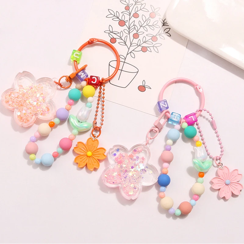 

Женский новый масляный струящийся песок, большой цветок, брелок с милыми красочными аксессуарами в виде сакуры, кулон, чехол для наушников, украшение для сумки