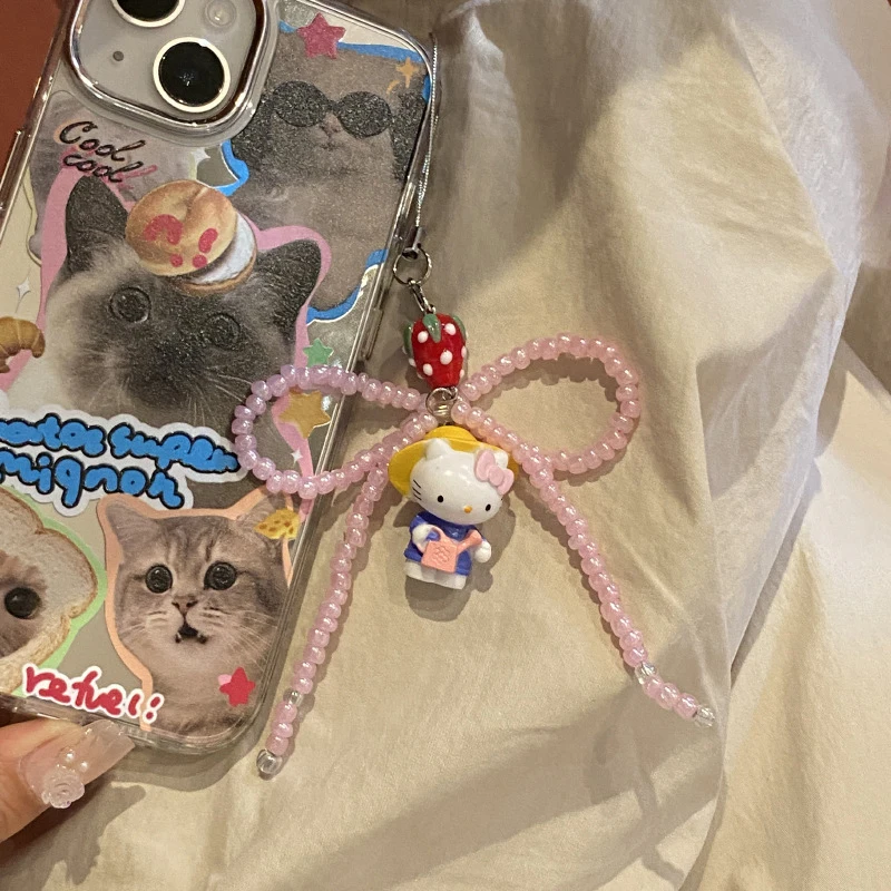 Cute Sweet Bow KT Cat Phone Chain Lovely Hello Kitty Strawberry Phone Lanyard Keychain Y2K Girly Phone Pendant Camera Charm