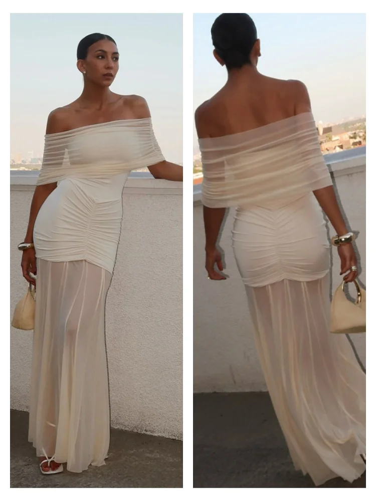 ตาข่าย Patchwork ชุดยาวผู้หญิงแขนกุด Backless Slim Dresses ชุดราตรีหญิงค็อกเทล Gowns