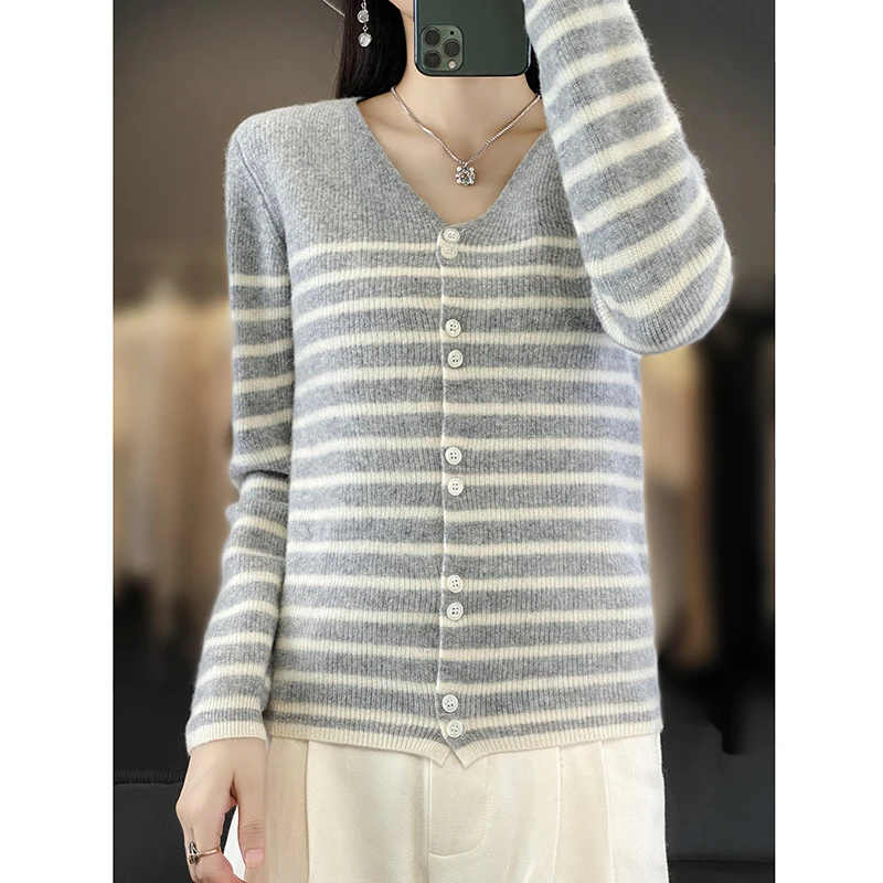 Autumn Winter New 100% Wool Cashmere Sweater Women's V-neck Strip Thickening Knitted Cardigan Female Casual Long-sleeved Top