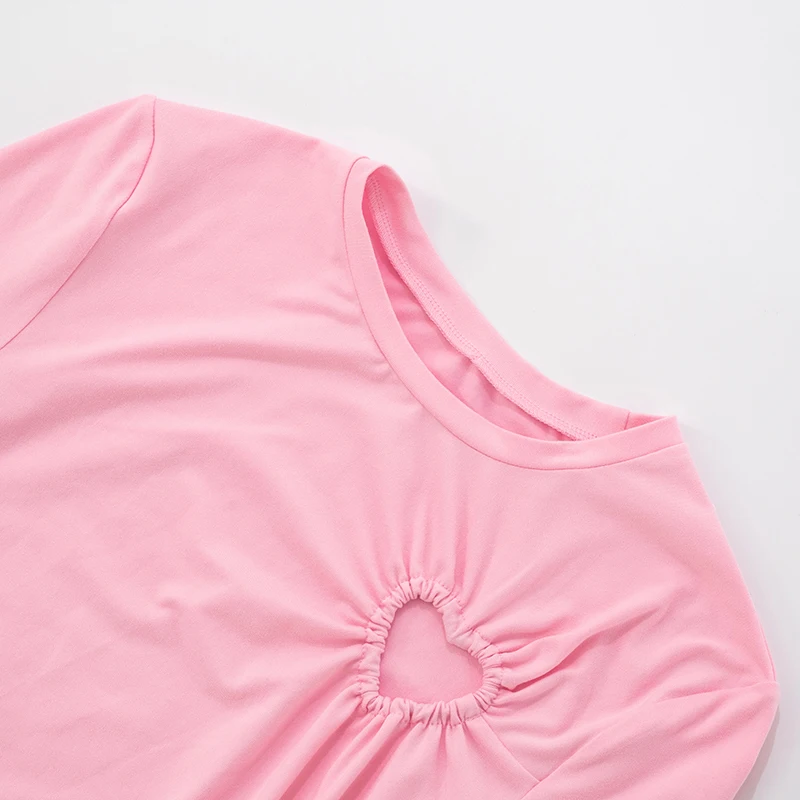 CUTENOVA Women'S Sweet Solid Color Love Hollow Out Slim Irregular Pleated Long-Sleeved T-Shirt Top Summer New Casual Simple Tops