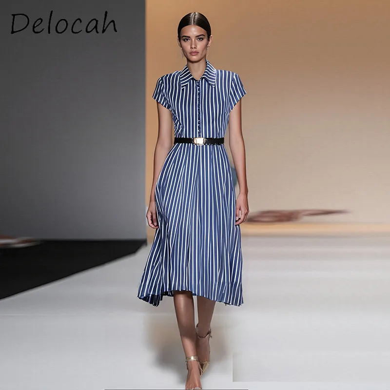 

Deloach Spring/Summer Fashion New Women's Lapel Single Breasted Blue And White Striped Sashes Short Sleeve Big Swing Dress