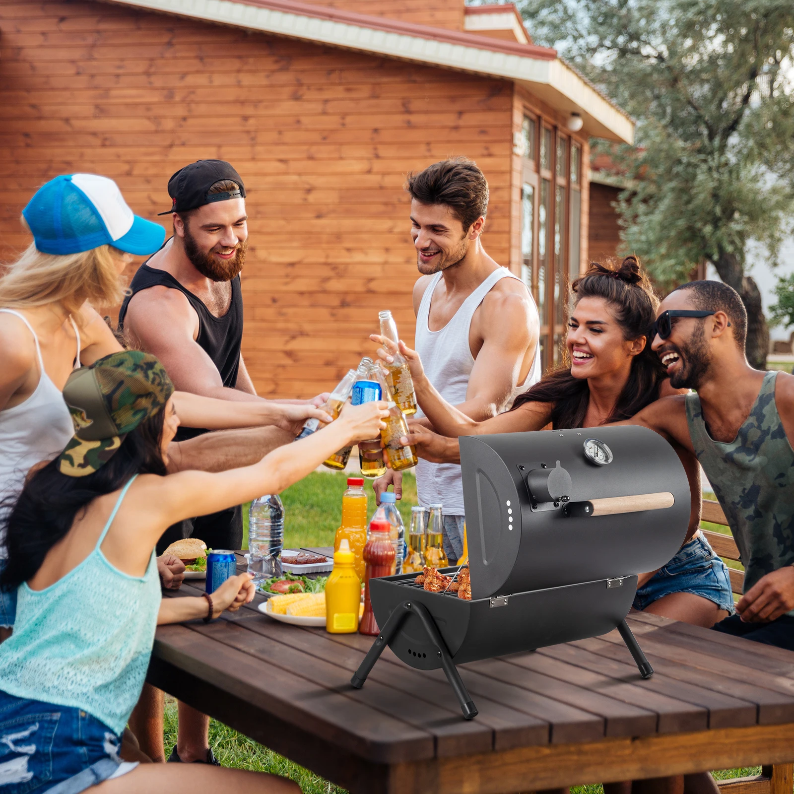 

Portable Charcoal Grill, Thermometer, Wood Handle, Tabletop, Outdoor Camping, BBQ, Backyard Party.