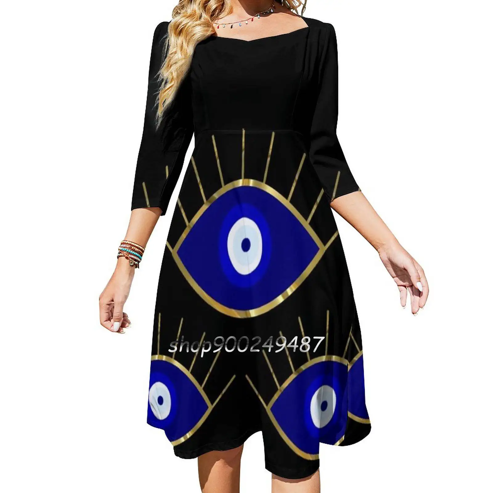 I See You Evil Eye Sweet Elegant Dress Women Korean Kawaii Square Collar Dress Evil Eye Good Luck Greek Turkish Yoga Meditation