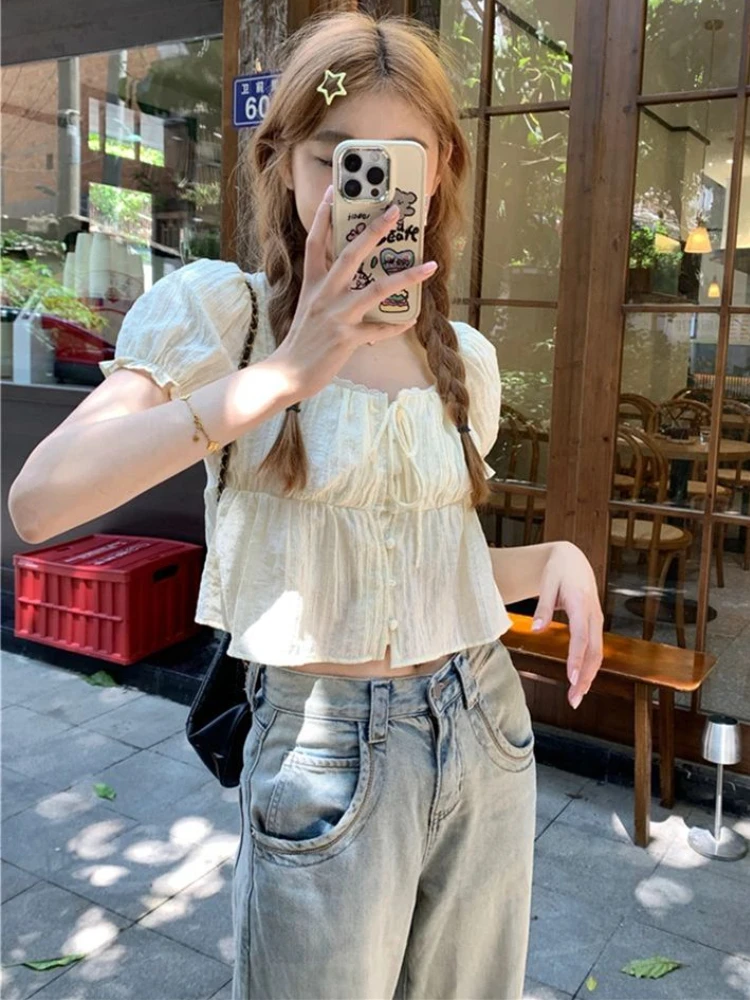 Shirts Women Sweet Girlish Fashion Simple Design Puff Sleeve Leisure All-match Daily Summer Square Collar French Style Tender