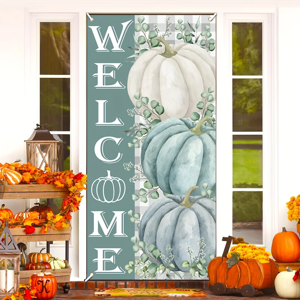 Chic Happy Thanksgiving Pumpkin Welcome Banner Durable Polyester 35x180cm Autumn Harvest Door Covers Decoration
